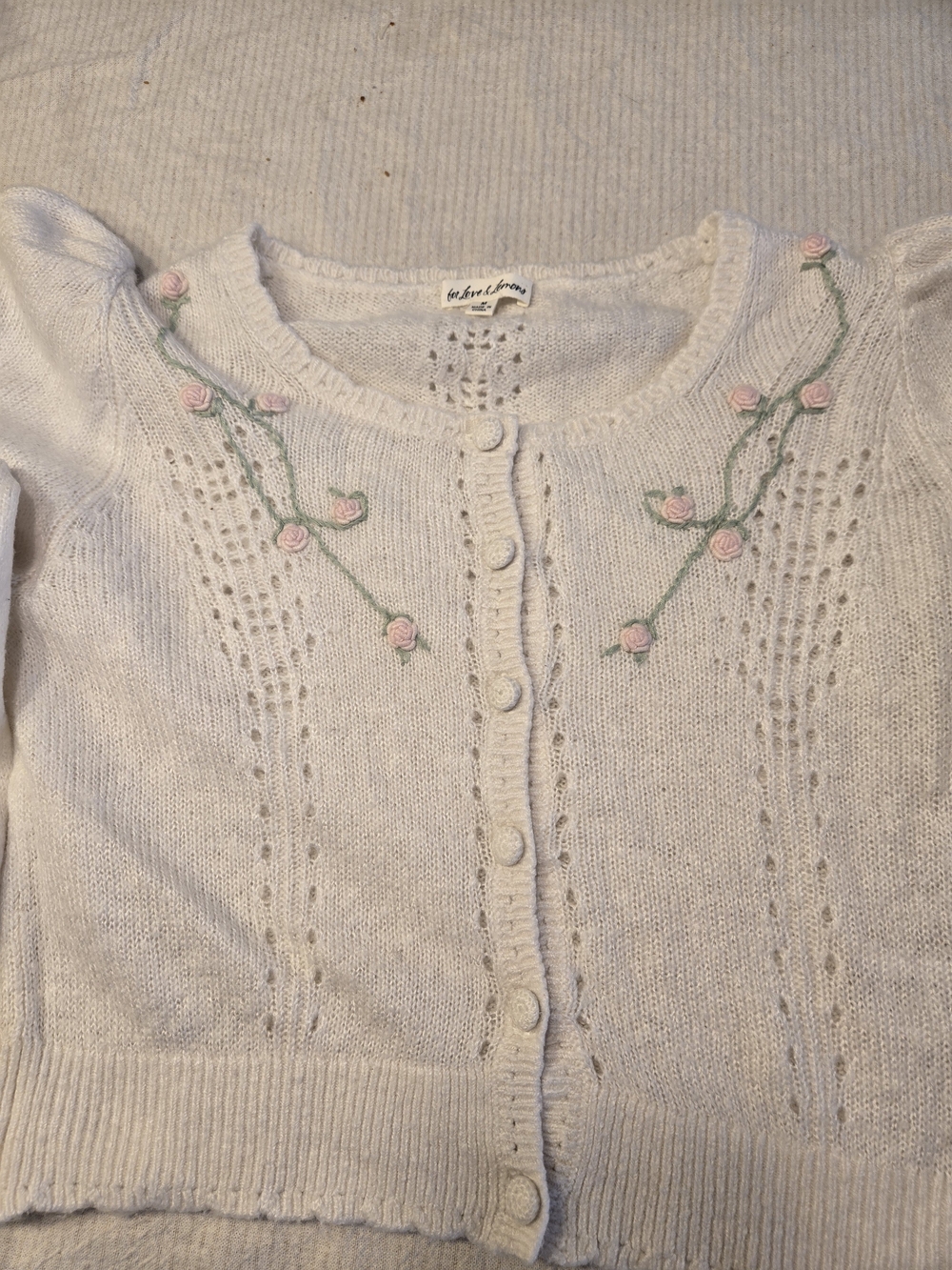 For Love & Lemons Cream Cardigan with Pink Rose Embroidery